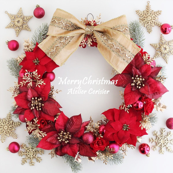 ・☆クリスマスリース ポインセチア ローズ＜レッド＆プラチナゴールド＞3９センチ 1枚目の画像