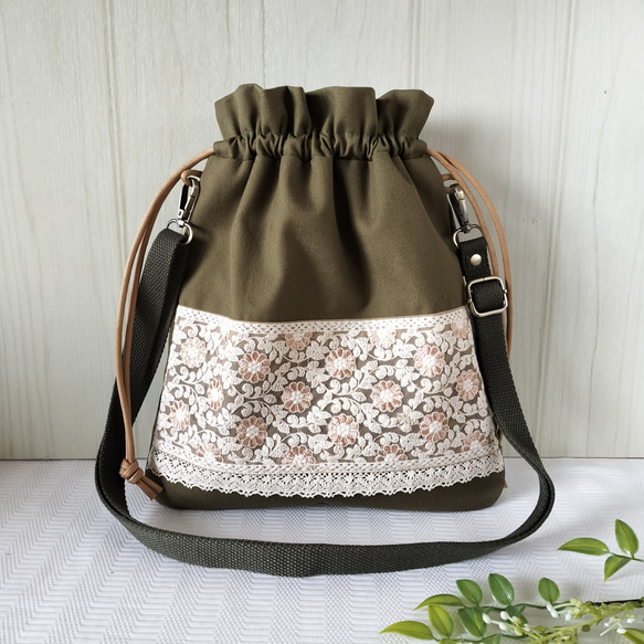 巾着ショルダーバッグ インド刺繍リボンがお洒落な布バッグ お散歩や