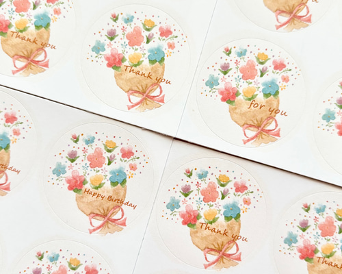 透明水彩画 「くすみカラーの花束 丸シール48枚」花 サンキューシール