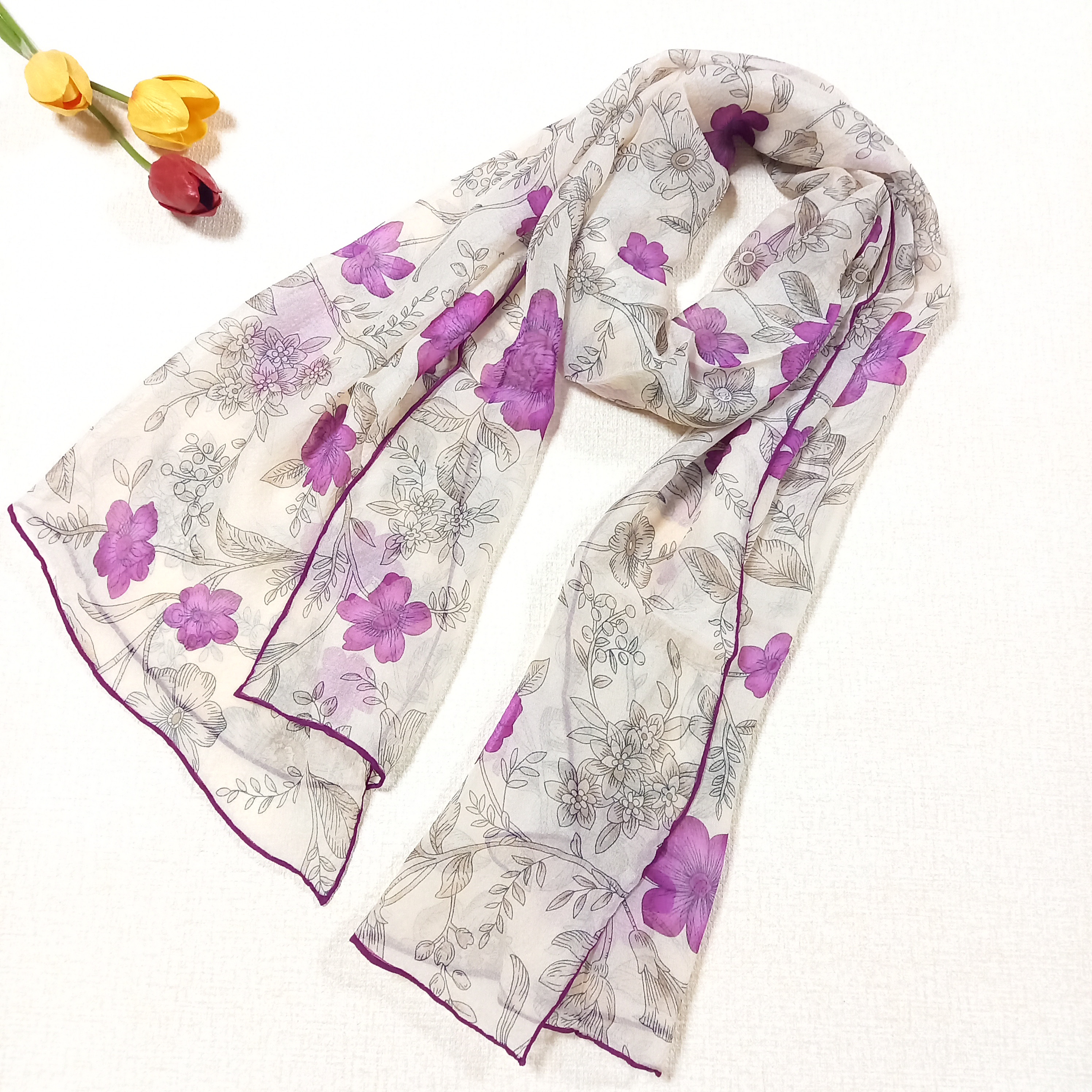 長方形大判シフォンシルク100%コスモス柄ストール0155