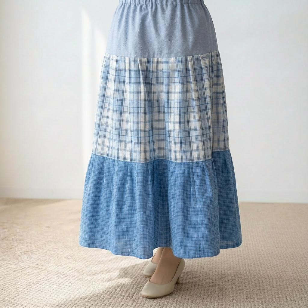 播州織 の三段ティアードスカート　ブルー系テキスタイル