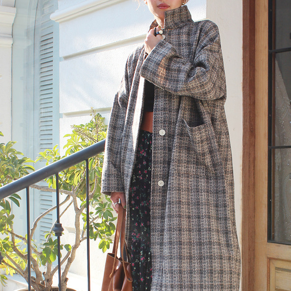グレー系チェックオーバーサイズコート ほっこり冬素材◉ ウールオーバーコート タータンチェック グレー