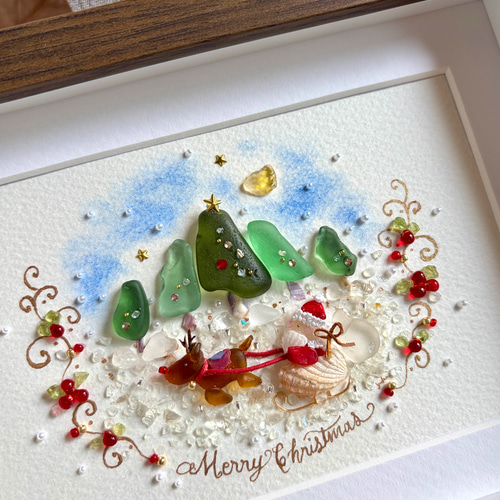 サンタとトナカイ　シーグラスアート／天然石／フレーム／クリスマス／サンタ サンタとトナカイ シーグラスアート／天然石／フレーム／クリスマス
