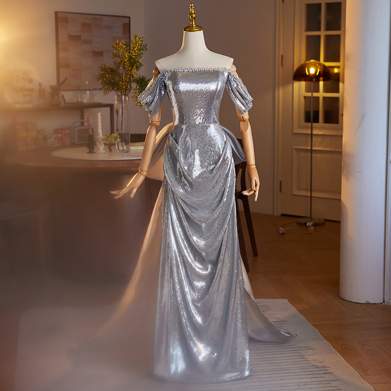 綺麗 シルバー スパンコール キラキラ パーティードレス バックリボン 誕生日 演奏会 二次会 前撮り 披露宴 8726