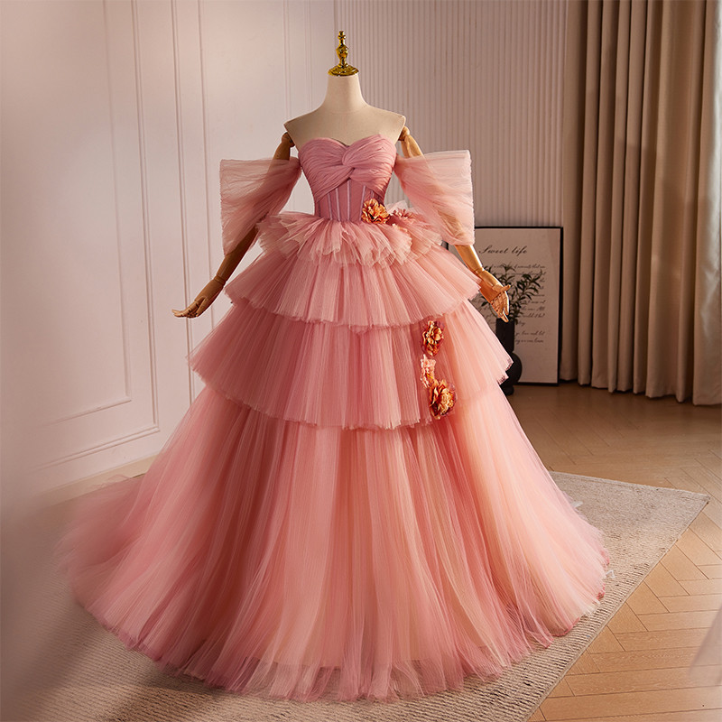 豪華 ピンク 花 ふわふわ パーティードレス 裾引き プリンセス 花嫁 誕生日 成人式 二次会 前撮り 披露宴 8722