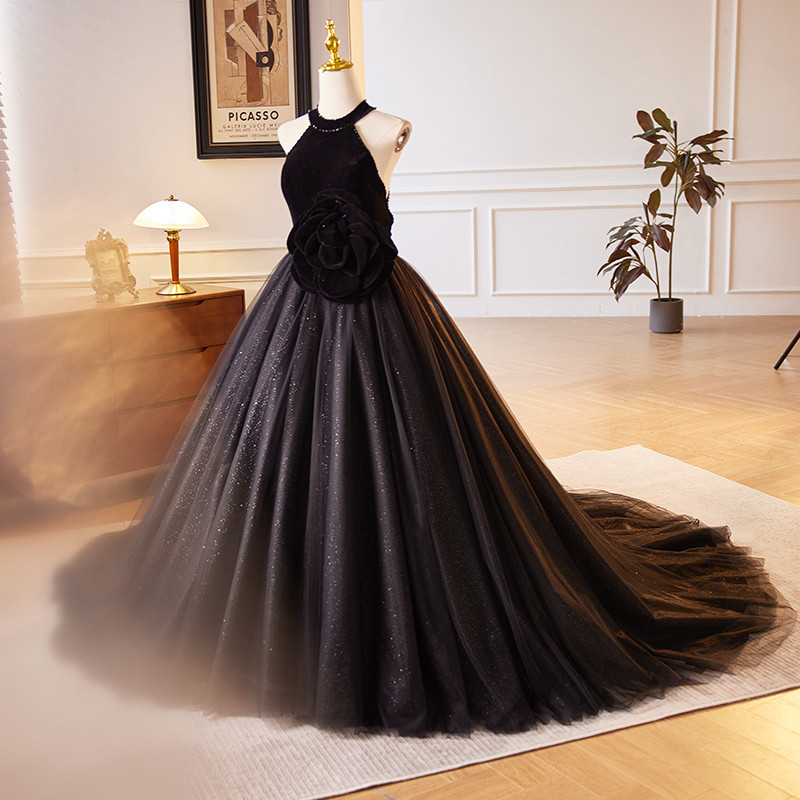 高級感 黒 立体花 ふわふわ ウェディングドレス 裾引き 花嫁 誕生日 成人式 演奏会 二次会 前撮り 披露宴 8720