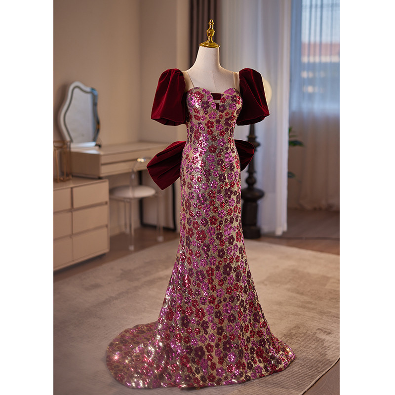 綺麗 ボルドー 半袖 スパンコール マーメイドドレス 裾引き 花嫁 誕生日 演奏会 二次会 前撮り 披露宴 08717