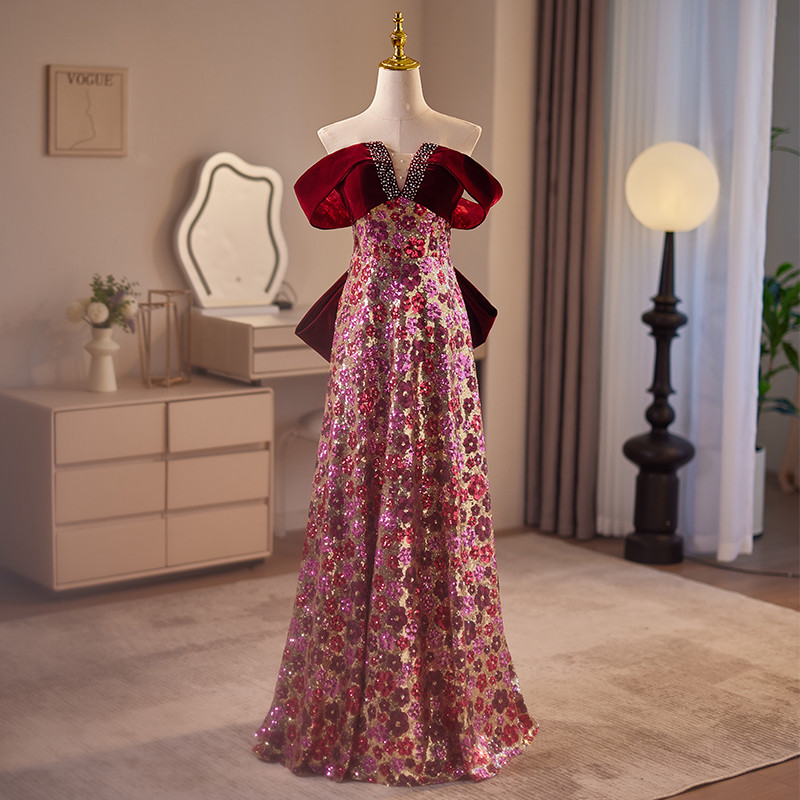 綺麗 ボルドー オフショルダー スパンコール パーティードレス 花嫁 結婚式 演奏会 二次会 前撮り 披露宴 08716