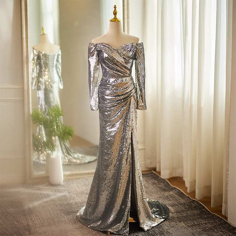 綺麗 シルバー 長袖 オフショルダー キラキラ パーティードレス 誕生日 演奏会 二次会 前撮り 披露宴 8712