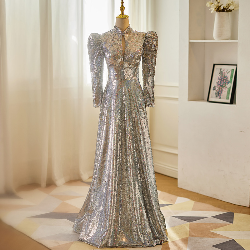 綺麗 シルバー 長袖 スパンコール キラキラ パーティードレス 高級感 誕生日 演奏会 二次会 前撮り 披露宴 8709