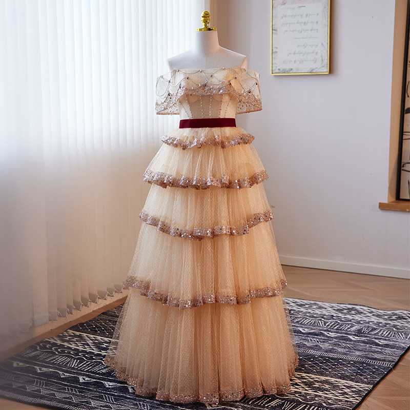 綺麗 シャンパン色 オフショルダー ティアードドレス プリンセス 誕生日 成人式 二次会 前撮り 08705