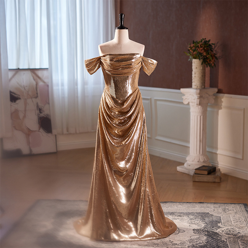 綺麗 シャンパン色 オフショルダー キラキラ パーティードレス 高級感 誕生日 成人式 二次会 前撮り 08702