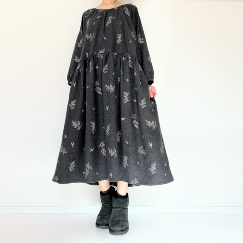 春待ち＊刺繍の小鳥とミモザ花柄＊長袖ワンピース＊国産綿100％起毛