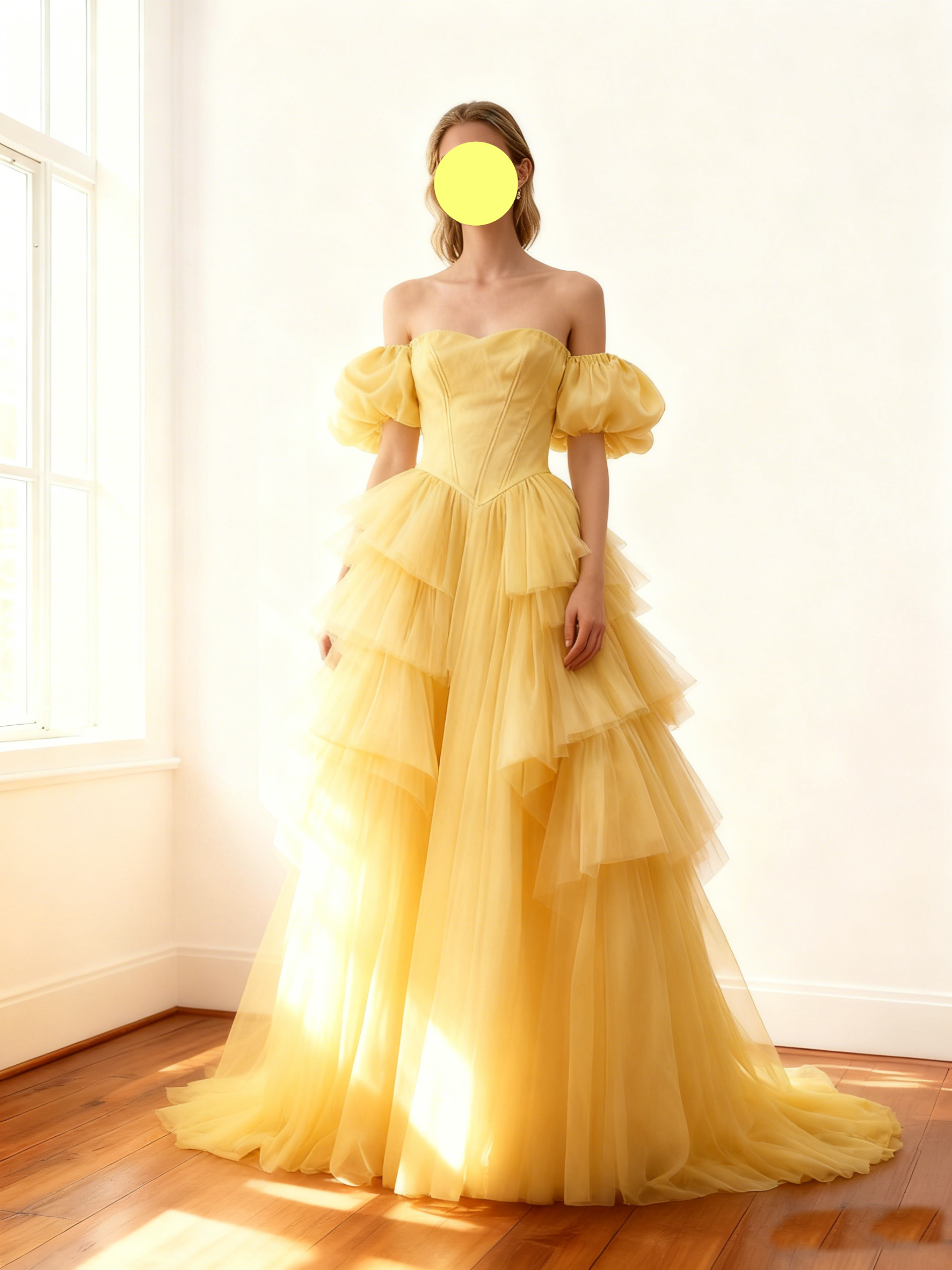 カラードレス  黄色い  取り外し可能な付け袖  ソフトチュール   目立つ   トレーン   色直し   結婚式