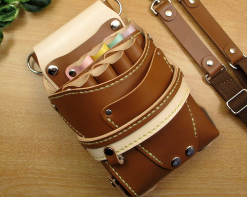 トリマー向き】 本革 8丁差し シザーケース ( キャメル×カラフル