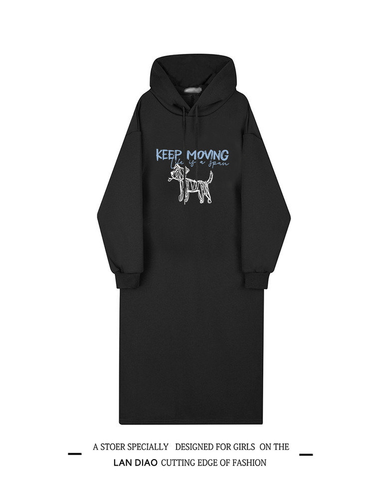 2025 秋冬復古プリント連帽ウェットドレス 女学園風ルーズミッドロングウェットドレス