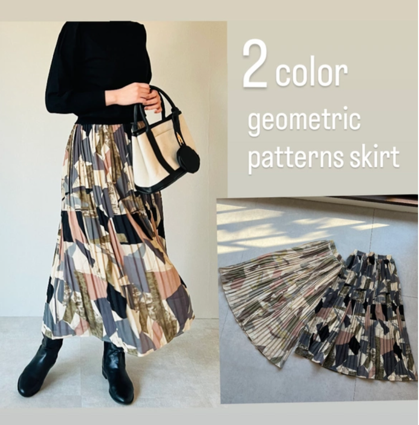 【送0】ジオメトリック柄プリーツスカート おしゃれなシフォン生地のスカート【ジオメトリックsk】