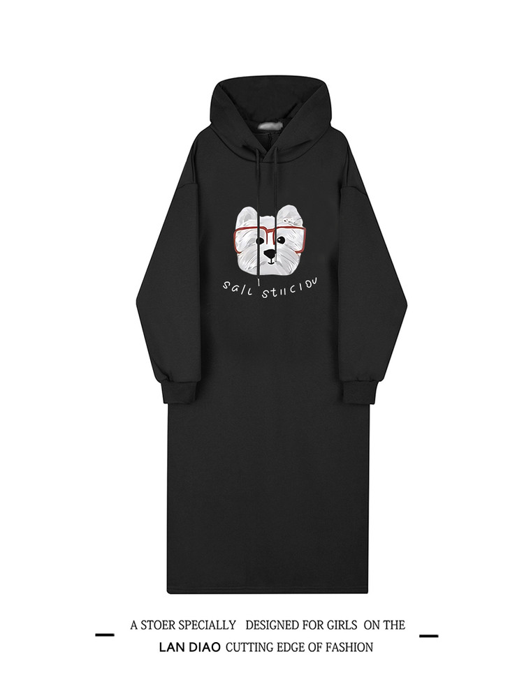 2025 秋冬復古プリント連帽ウェットドレス 女学園風ルーズミッドロングウェットドレス