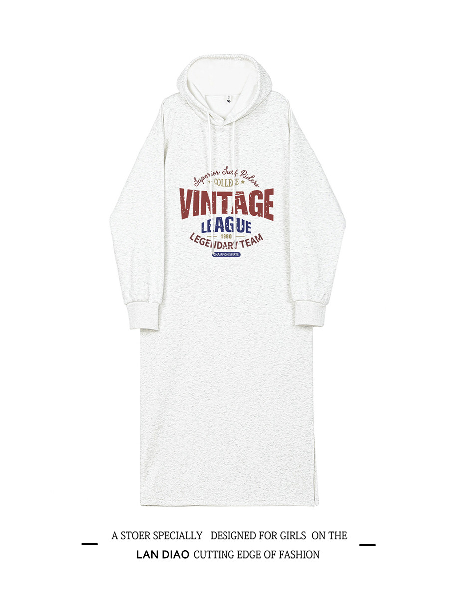 2025 秋冬ホワイト加绒連帽ウェットドレス 女ミッドロングルーズカジュアルドレス