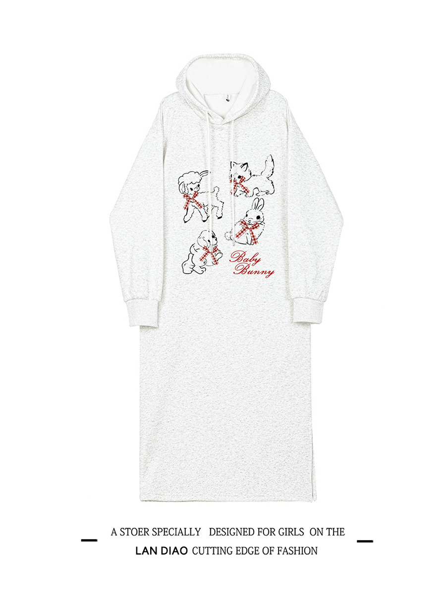 2025 秋冬キャットプリント連帽加绒ウェットドレス 女学園風ルーズ開叉ドレス