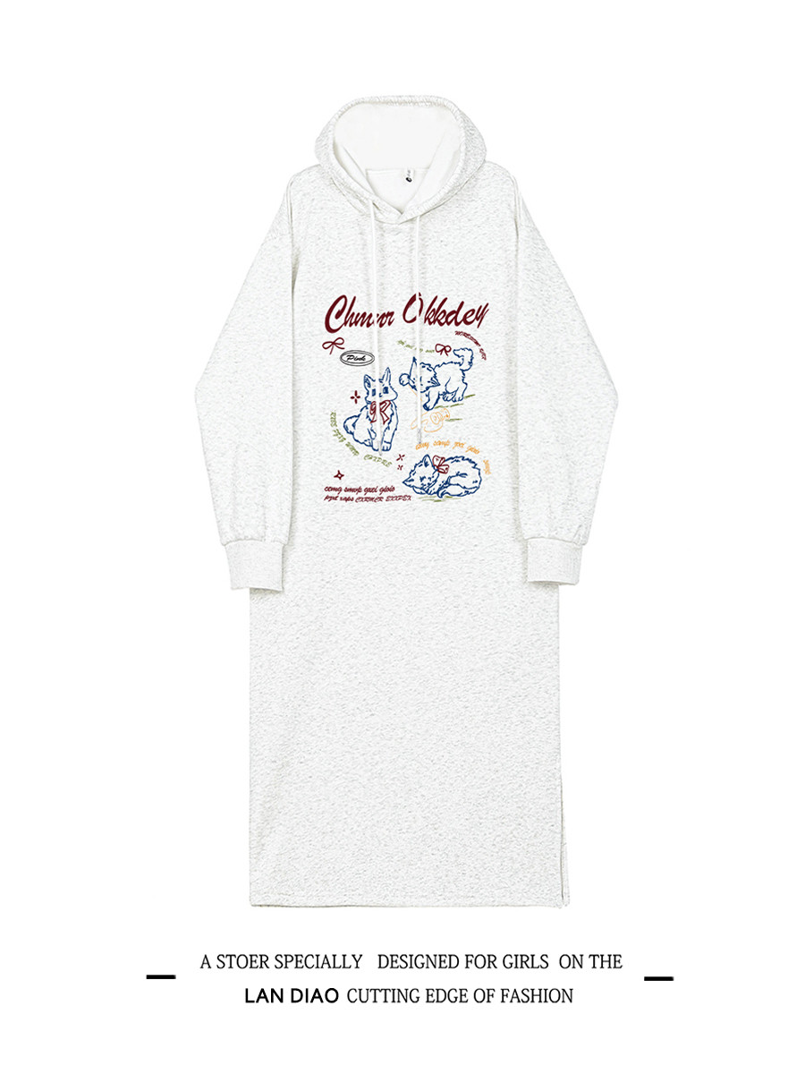 2025 秋冬キャットプリント連帽加绒ウェットドレス 女学園風ルーズ開叉ドレス