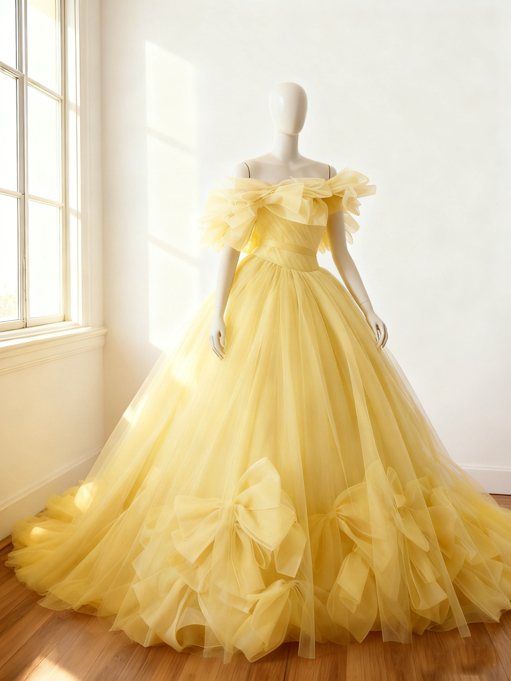 カラードレス 黄色い リボン  オフショルダー  ソフトチュール  目立つ  華やかなトレーン  色直し  結婚式