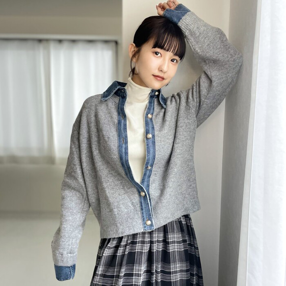 【再販】ロングシーズン着回せるデニム切替ニットカーディガン 大人の高見えカーデ デニム ニット 襟付き 25665 8枚目の画像