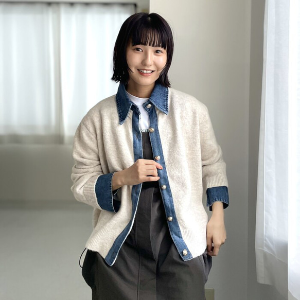 【再販】ロングシーズン着回せるデニム切替ニットカーディガン 大人の高見えカーデ デニム ニット 襟付き 25665 11枚目の画像