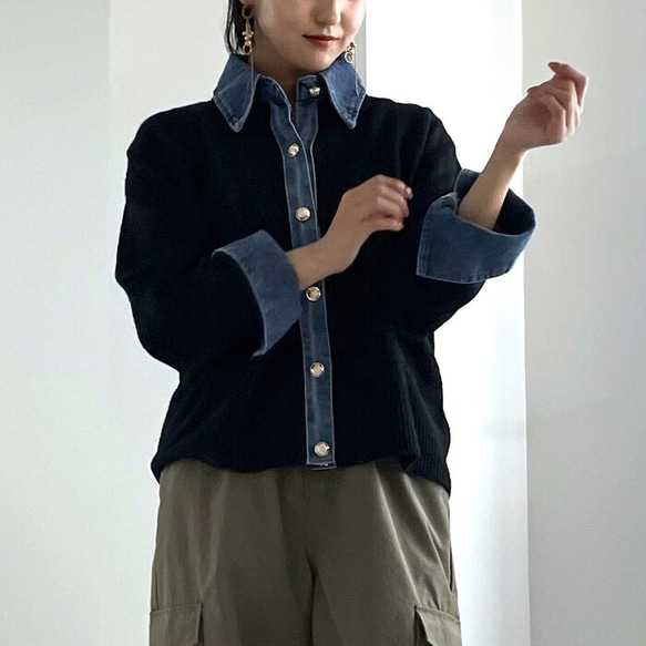【再販】ロングシーズン着回せるデニム切替ニットカーディガン 大人の高見えカーデ デニム ニット 襟付き 25665 14枚目の画像