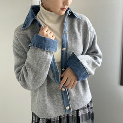 【再販】ロングシーズン着回せるデニム切替ニットカーディガン 大人の高見えカーデ デニム ニット 襟付き 25665 7枚目の画像