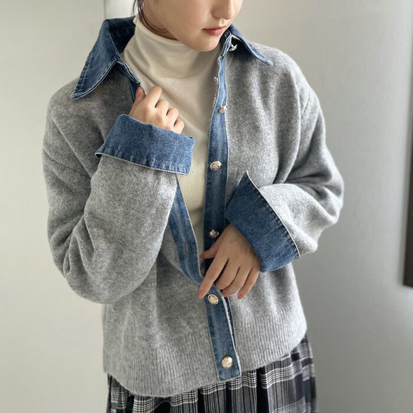 【再販】ロングシーズン着回せるデニム切替ニットカーディガン 大人の高見えカーデ デニム ニット 襟付き 25665 7枚目の画像