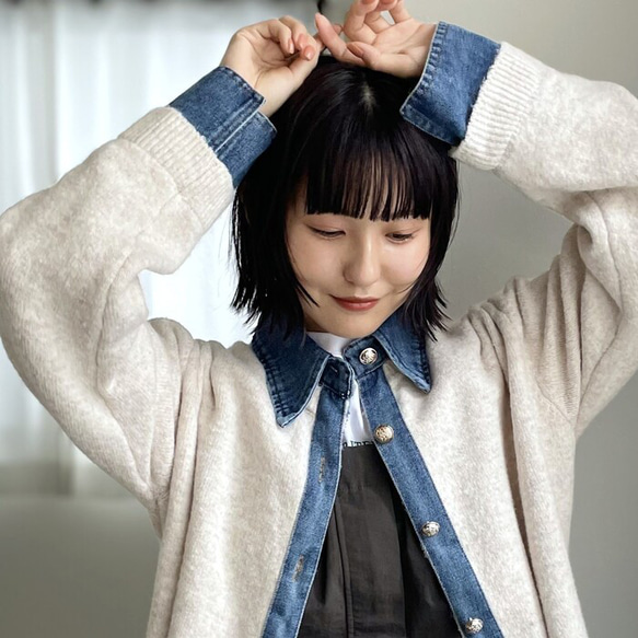 【再販】ロングシーズン着回せるデニム切替ニットカーディガン 大人の高見えカーデ デニム ニット 襟付き 25665 12枚目の画像