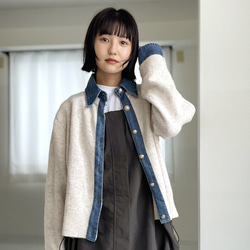 【再販】ロングシーズン着回せるデニム切替ニットカーディガン 大人の高見えカーデ デニム ニット 襟付き 25665 10枚目の画像