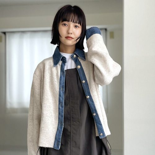 再販】ロングシーズン着回せるデニム切替ニットカーディガン 大人の高