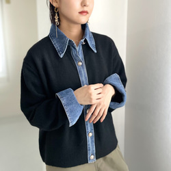 【再販】ロングシーズン着回せるデニム切替ニットカーディガン 大人の高見えカーデ デニム ニット 襟付き 25665 15枚目の画像