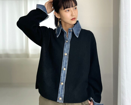 セリーヌ 変形デザイン 女優襟 ニット カーディガン　ベロア切替 ca0c1c208f470fad62581253482760