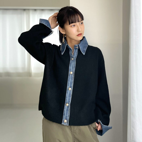 AW新作】ロングシーズン着回せるデニム切替ニットカーディガン 大人の