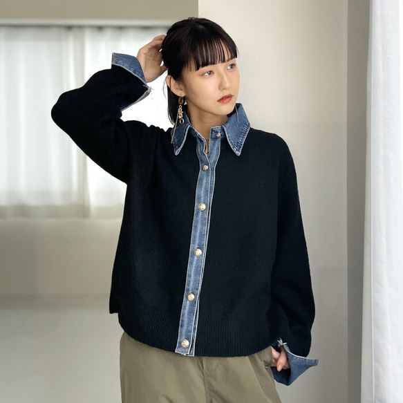 【再販】ロングシーズン着回せるデニム切替ニットカーディガン 大人の高見えカーデ デニム ニット 襟付き 25665 1枚目の画像