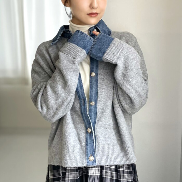 【再販】ロングシーズン着回せるデニム切替ニットカーディガン 大人の高見えカーデ デニム ニット 襟付き 25665 6枚目の画像