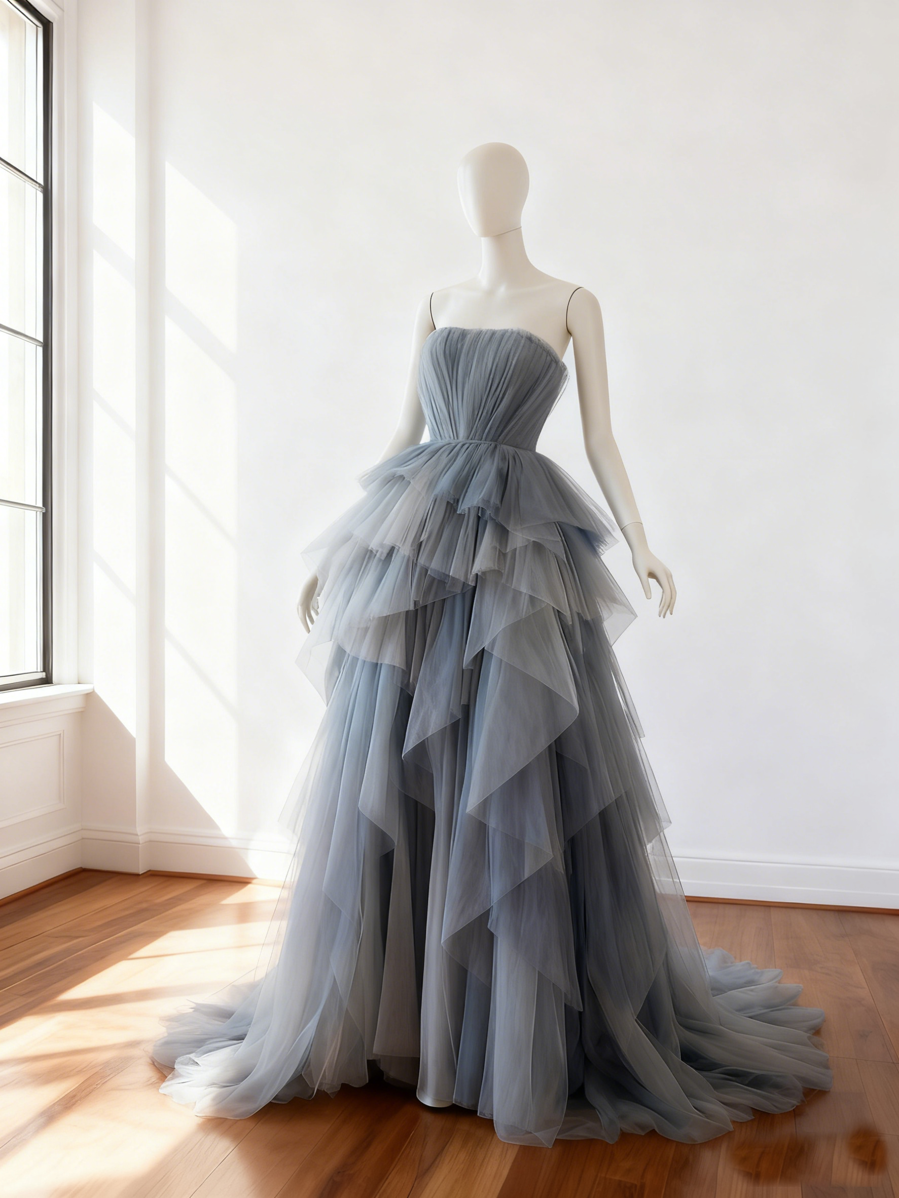 カラードレス  ブルーグレー アシンメトリー風  ソフトチュール   華やかなトレーン   ビスチェドレス  結婚式