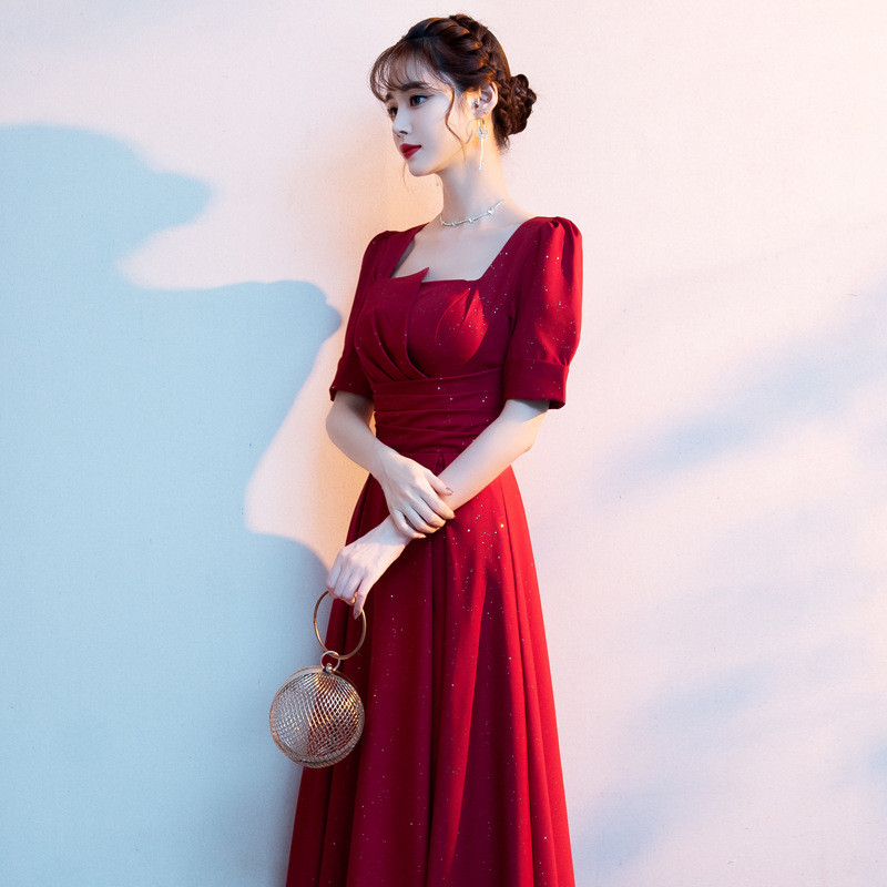 高級感 赤 半袖 パーティードレス シンプル 花嫁 優雅 韓国風 演奏会 誕生日 前撮り HL797