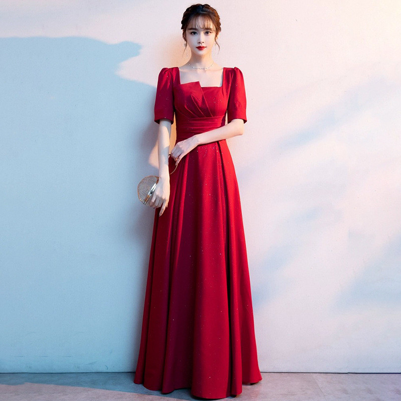 高級感 赤 半袖 パーティードレス シンプル 花嫁 優雅 韓国風 演奏会 誕生日 前撮り HL797