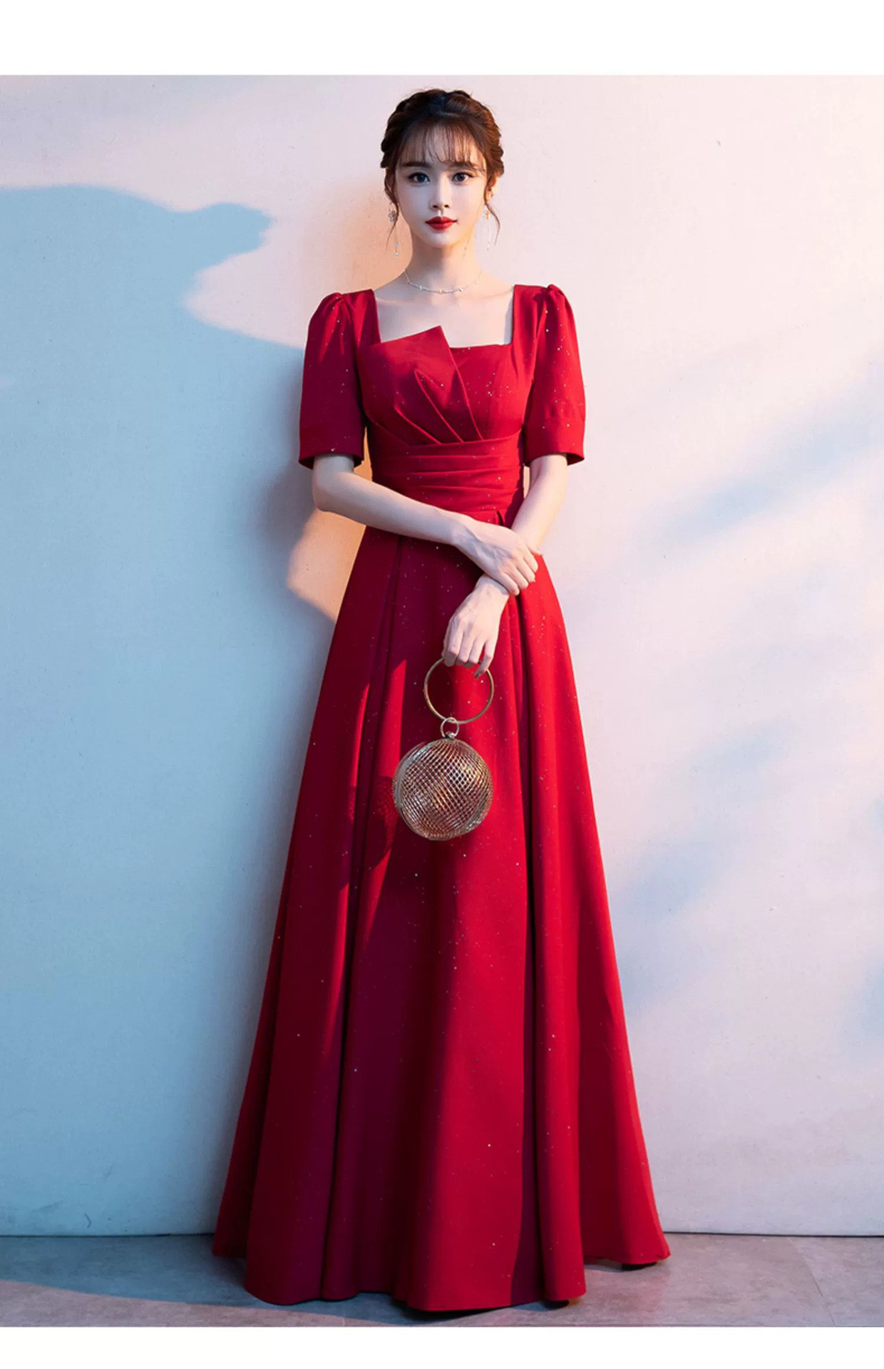 高級感 赤 半袖 パーティードレス シンプル 花嫁 優雅 韓国風 演奏会 誕生日 前撮り HL797