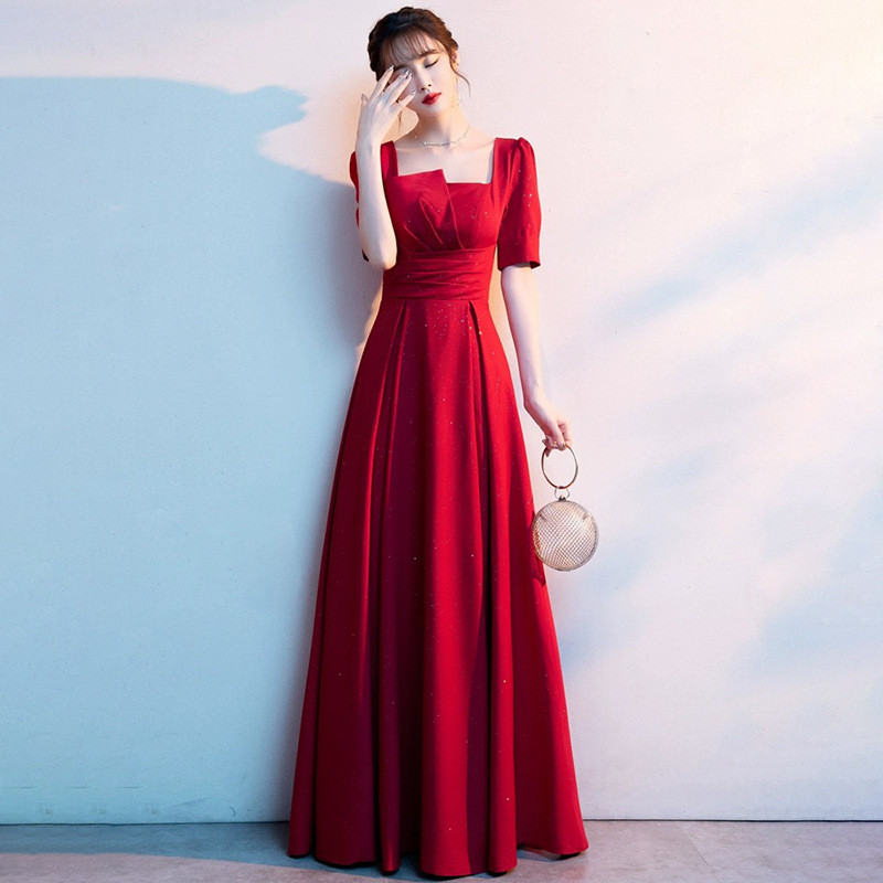 高級感 赤 半袖 パーティードレス シンプル 花嫁 優雅 韓国風 演奏会 誕生日 前撮り HL797