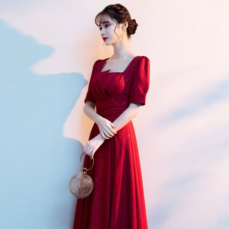 高級感 赤 半袖 パーティードレス シンプル 花嫁 優雅 韓国風 演奏会 誕生日 前撮り HL797