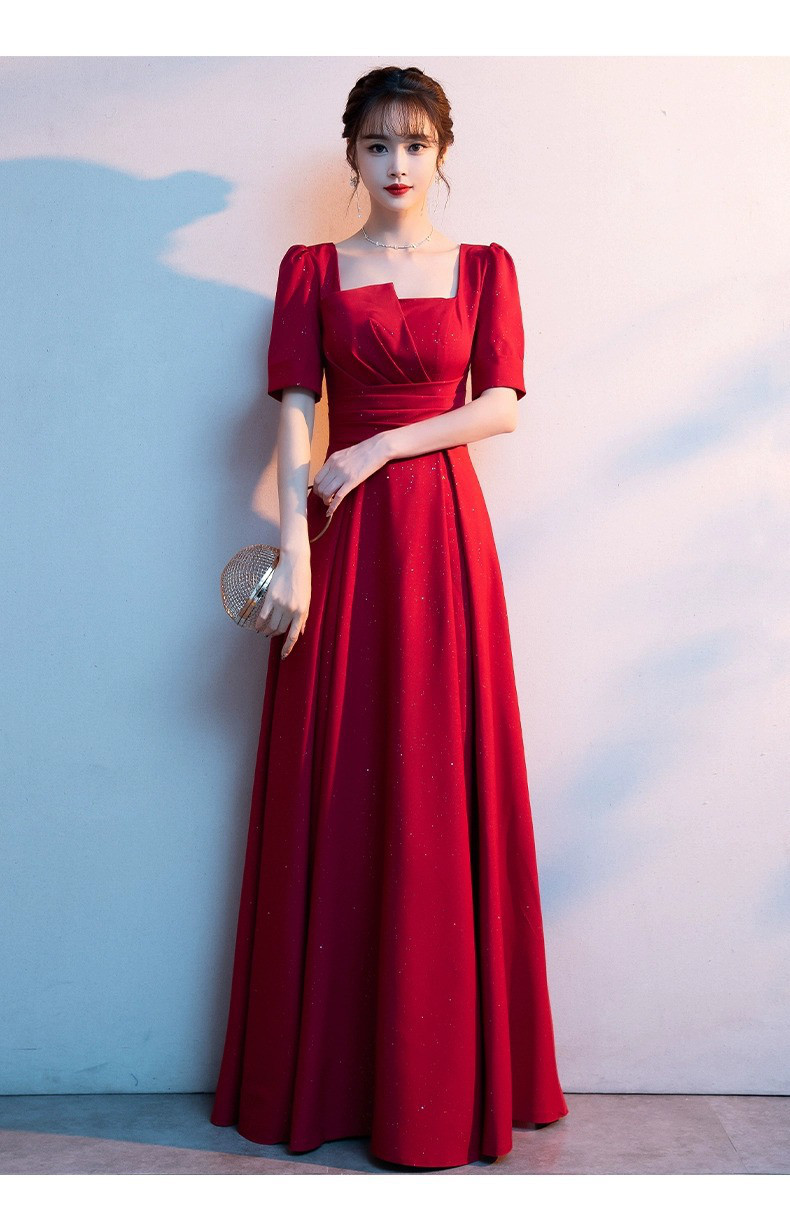 高級感 赤 半袖 パーティードレス シンプル 花嫁 優雅 韓国風 演奏会 誕生日 前撮り HL797