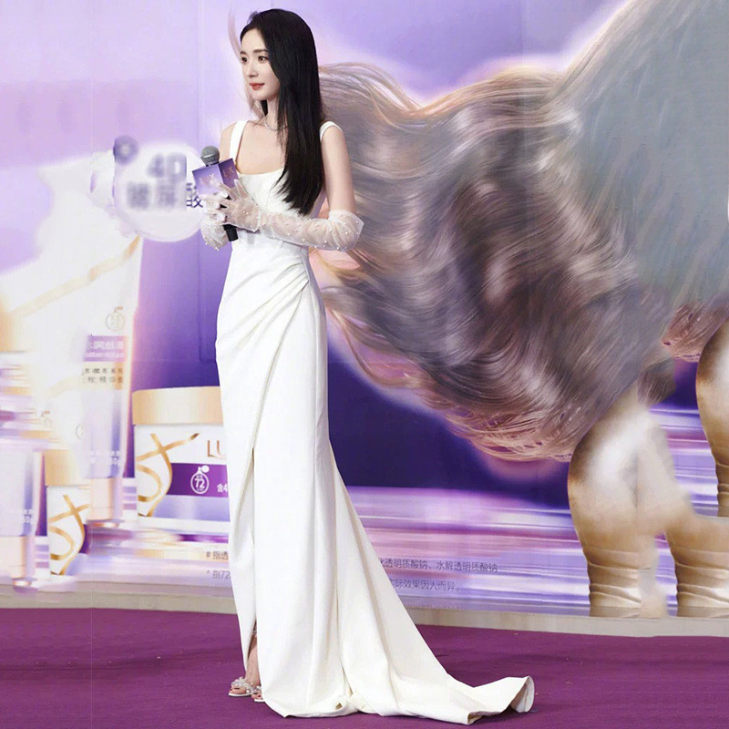 高級感 白 黒 サテン パーティードレス 裾引き シンプル 花嫁 韓国風 演奏会 誕生日 前撮り HL798