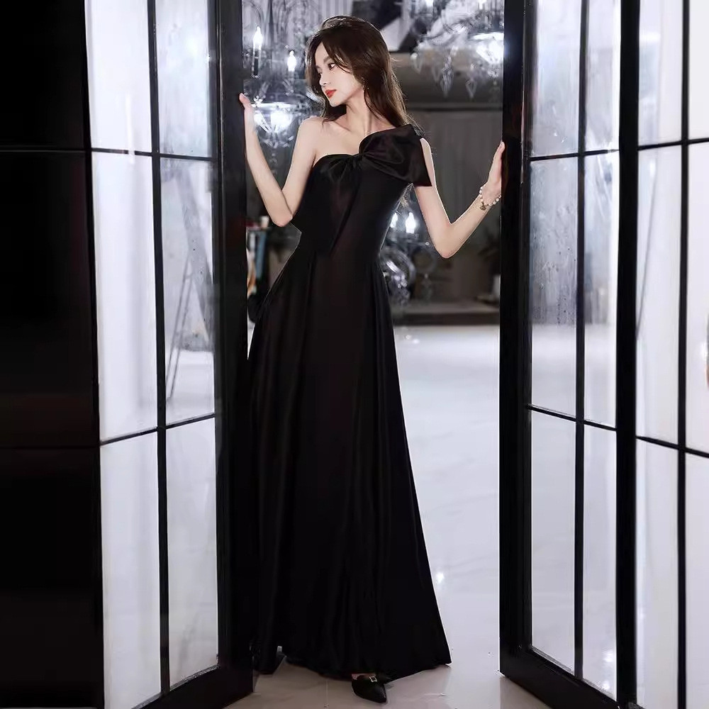 高級感 黒 ノースリーブ リボン パーティードレス シンプル 花嫁 韓国風 演奏会 誕生日 前撮り HL811