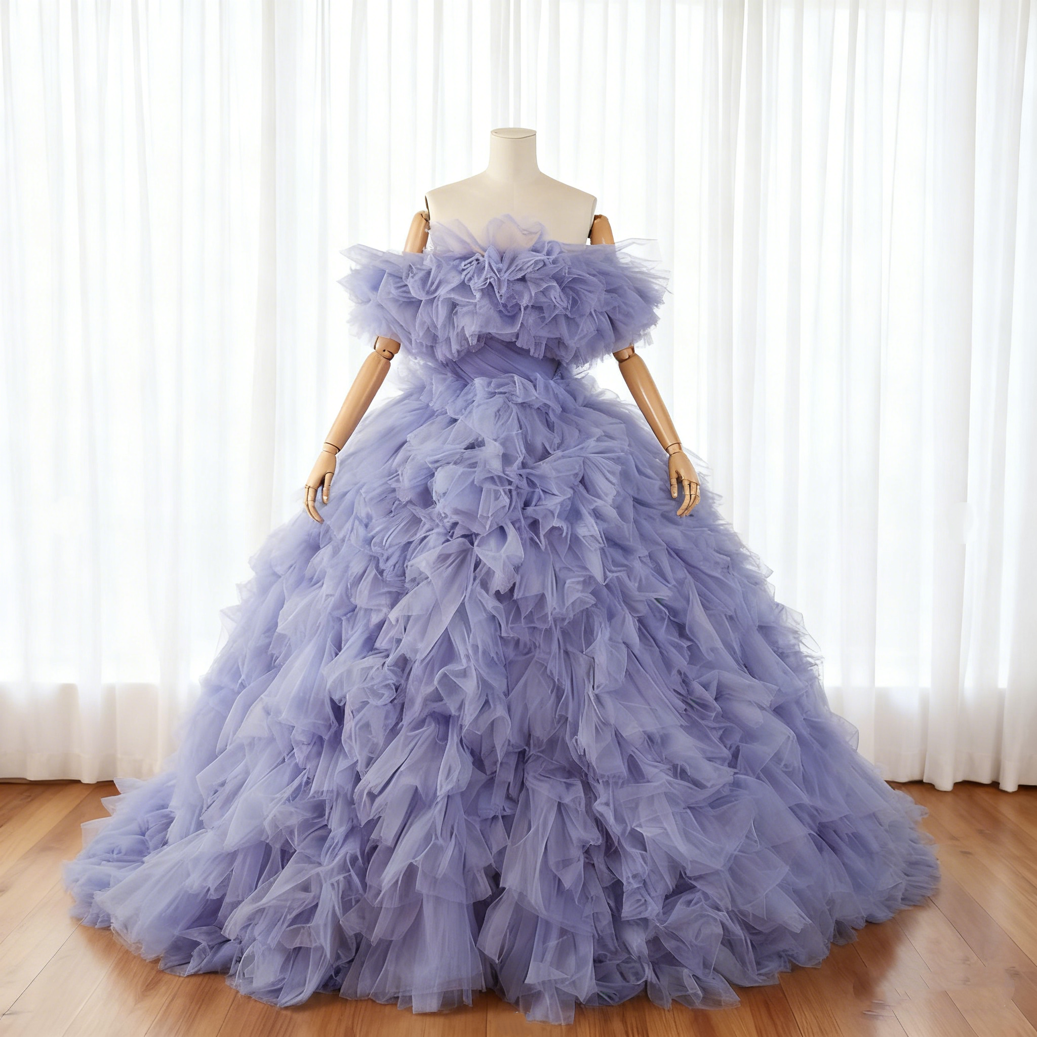 送料無料！カラードレス パープル オフショルダー もこもこドレス プリンセスライン 抜群におしゃれ度が際立つ 花嫁