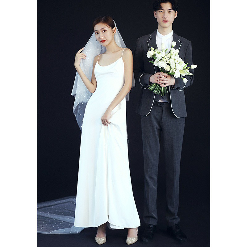 高級感 白 黒 ノースリーブ ウェディングドレス シンプル 花嫁 韓国風 演奏会 誕生日 前撮り HL818